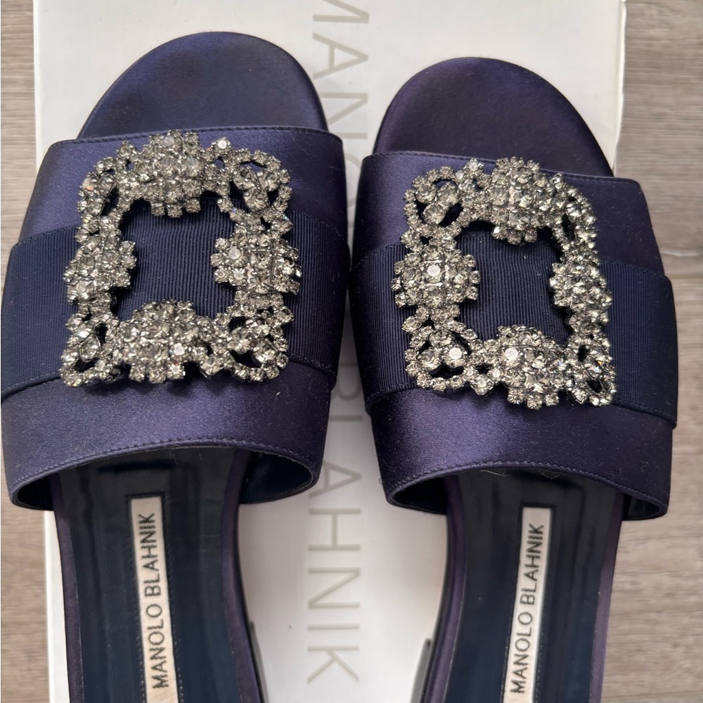 Manolo Blahnik Purple Satin Crystal-Buckle Slide Flats